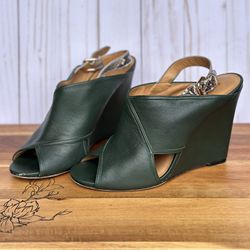 Coach Platform Wedge with Open Toes, Green Leather Heels, Size 7 B