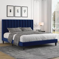 Allewie King Platform Bed Frame/Velvet Upholstered Bed Frame with Vertical Channel Tufted Headboard/Strong Wooden Slats/Mattress Foundation/Box Spring