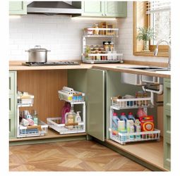 Kitstorack Under Sink Organizer, 2 Tier Under the Sink Storage, Slide out Pull out Cabinet Organizer Shelf, Metal Sliding Drawer for Kitchen Bathroom