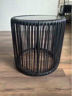 Black Wicker Round Side Table with Glass Top