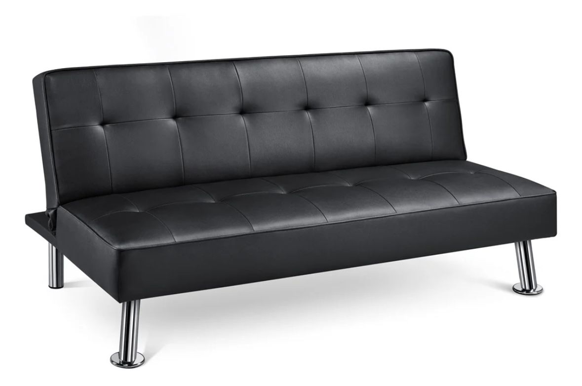 Convertible Faux Leather Futon Sofa Bed, Black
