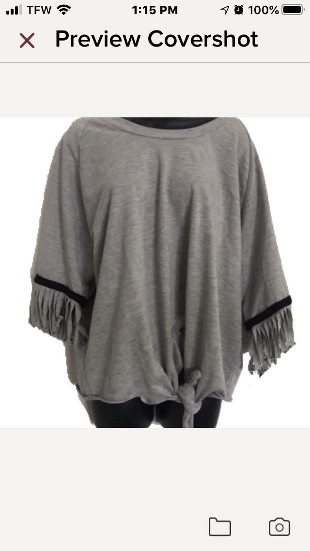XL 3/4 fringed embellished sleeve sweater tie front Gray with black band of embroidery / beads Raw hem