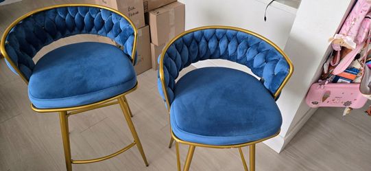 Blue Velvet Bar Stools with Gold Frame – Set of 2