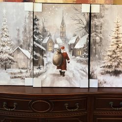 Christmas decor, wall art, canvas set, Santa, winter decor, farmhouse, holiday decorations, New Never Used. 