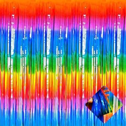 4 Pack 3.3Ft x 6.6Ft Rainbow Foil Fringe Curtain Backdrop, Colorful Metallic Tin