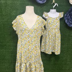 Pat Pat Yellow And Green Floral Mommy And Me Dresses Size XL And 4-5T