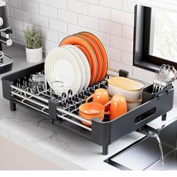 Stainless Steel Dish Drying Rack - Dish Drainer for Kitchen Counter, Extendable Drainboard with Foldable, Space-Saving Cup & Bowl Organizer, Includes 