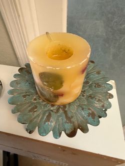 Candle not included - Farmhouse Soft Green & Gold Galvanized Metal 8” inch wide 4” inch tall