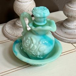 Vintage AVON Victoriana Pitcher/Decanter & Bowl Set, Jadeite Glass. 