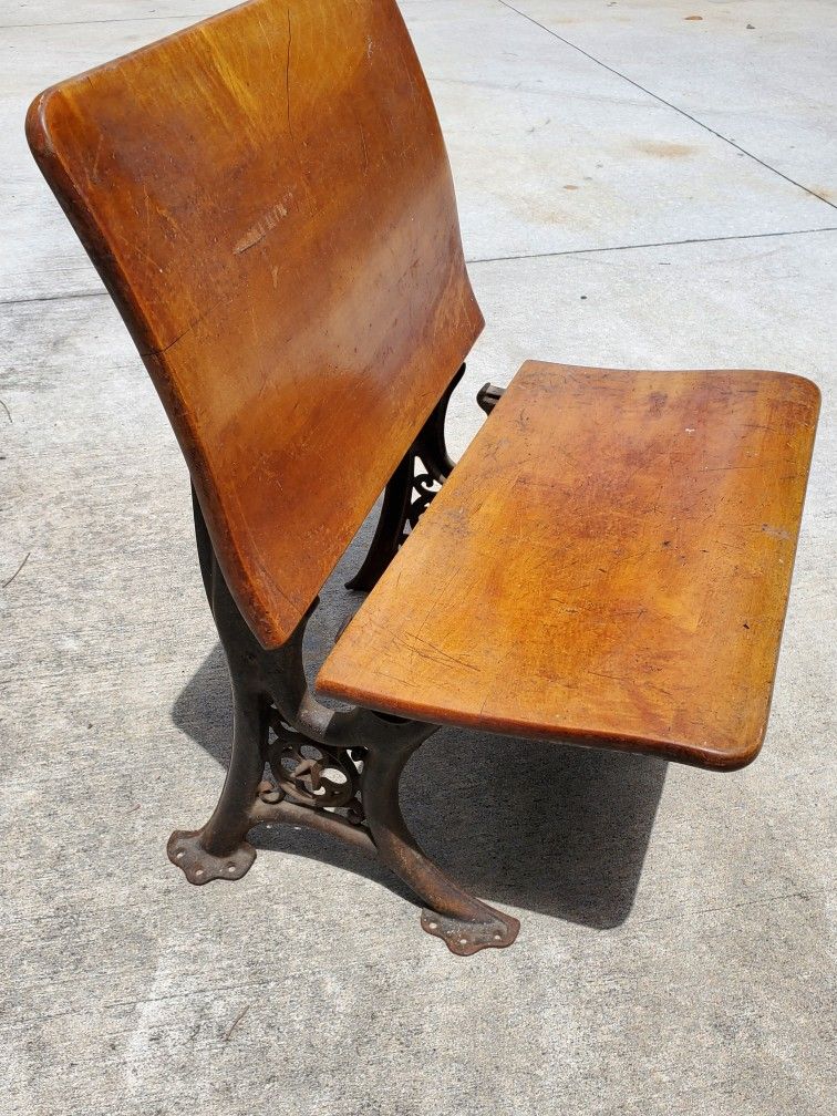 Antique Vintage Wrought Iron & Wood Student School Desk Chair Fold Down Seat