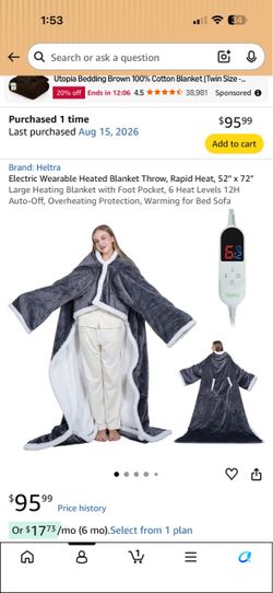 Electric Wearable Heated Blanket Throw, Rapid Heat, 52"× 72" Large Heating Blanket with Foot Pocket, 6 Heat Levels 12H Auto-Off, Overheating Protectio