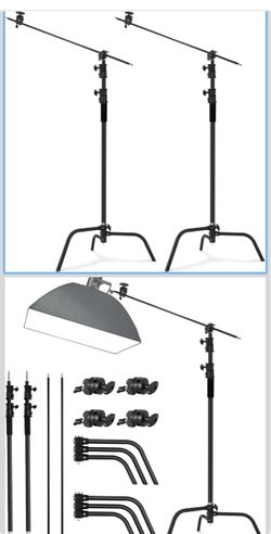 2 Pack 100% Heavy-Duty Steel C-Stand, Pro Photography Light Stand with 3.5'/108cm Extension Arm, Grip Head, Turtle Base for Studio Monolight, Softbox,