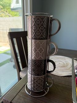 Stacking Ceramic Mugs Set with Metal Rack