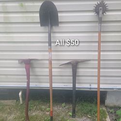 Wooden yard tools pickaxe edger and more