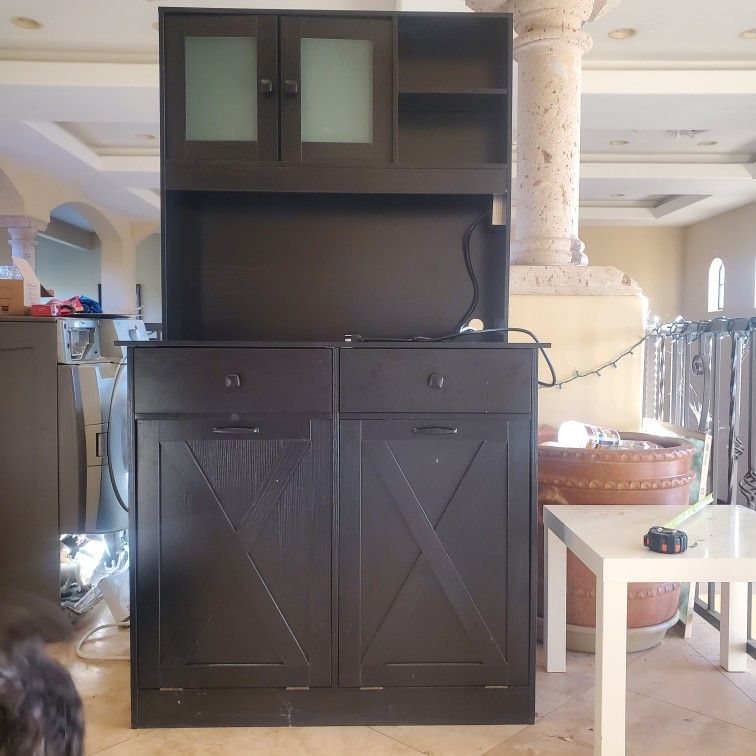 57" X 39" X 14"Black Pantry Hutch With Twin Trash Cans, Drawers, Cabinet, And Power Outlet