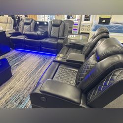 Black Leather Power Reclining Sofa Set with LED Lighting