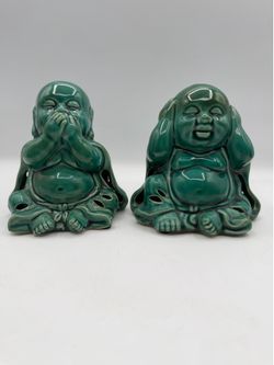 Set of 2 Buddha Ceramic Glazed Speak & Hear No Evil Potpourri Holders