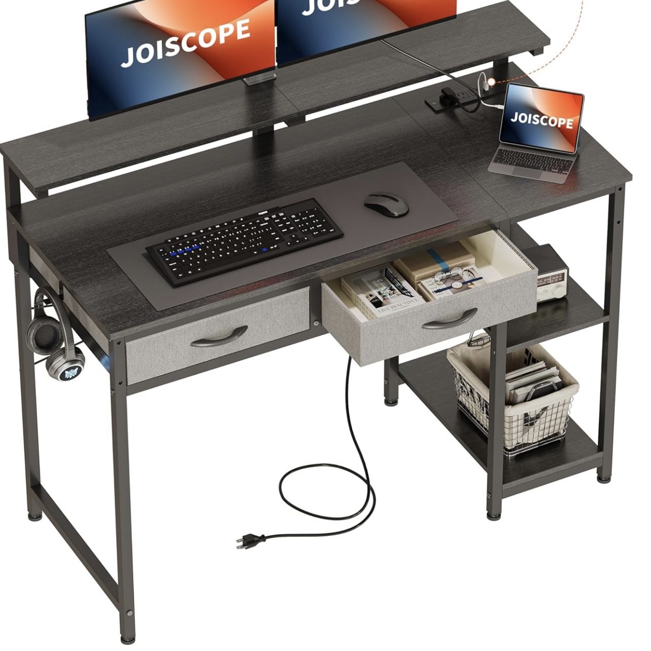 Home Office Desk with Power Outlets (3AC, USB, Type-C), 2 Drawers & Shelves, Laptop Table with Display Riser