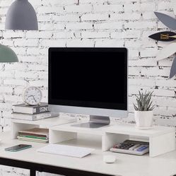 Dual Monitor Stand Riser, Adjustable Length and Angle Multi Screen Stand, Desktop Stand Storage Organizer for Laptop Computer/TV/PC/Printer- White