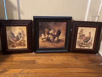 3 PIECE RUSTIC CHICKEN ART