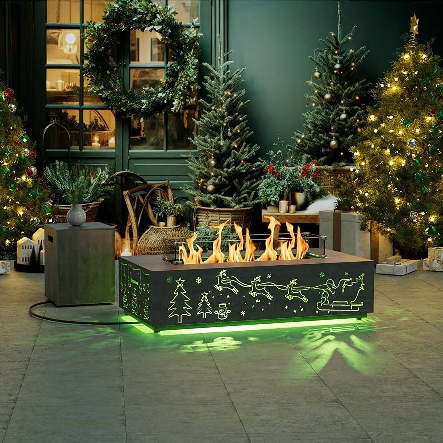 42" Propane Fire Pit Table with Christmas Cutout Decoration and RGB Lights – 50,000 BTU with Wind Guard Glass, Lid, Rocks and Cover – Outdoor Fireplac