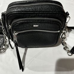 DKNY Black Leather Camera Crossbody Bag Silver Hardware Multi Zip Sm