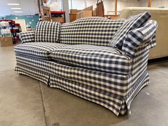 Vintage Blue Plaid Skirted Loveseat with Curved Base