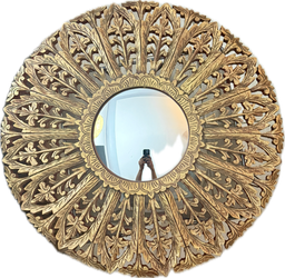 22” Ornate Gold Sunburst Wall Mirror – Leaf & Scroll Openwork Frame
