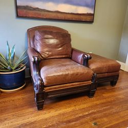 Brown Leather Chair - Ottoman