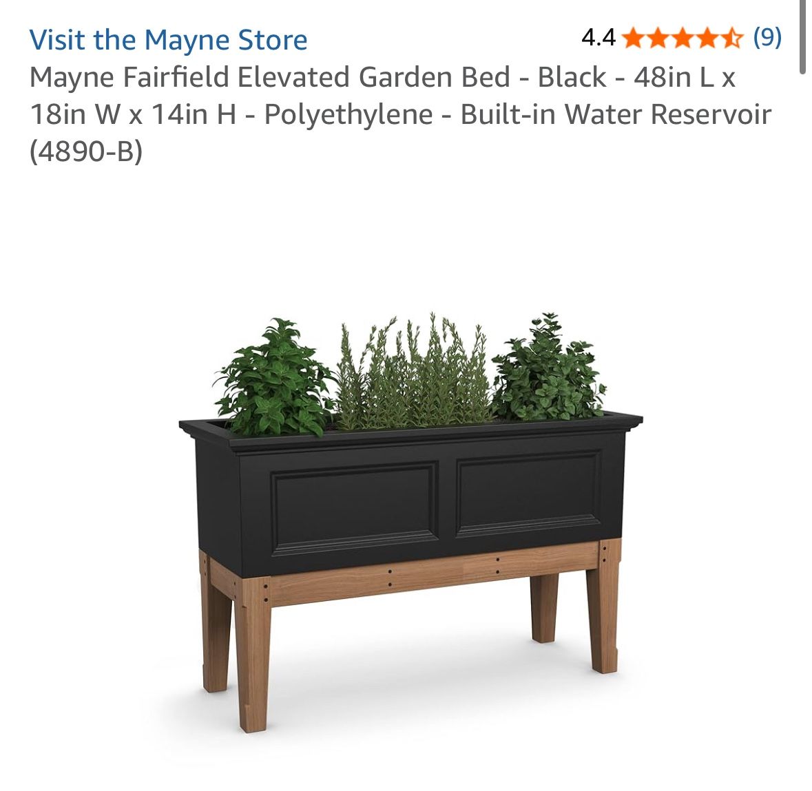 Mayne Fairfield Elevated Garden Bed - Black - 48in L x 18in W x 14in H - Polyethylene - Built-in Water Reservoir (4890-B)