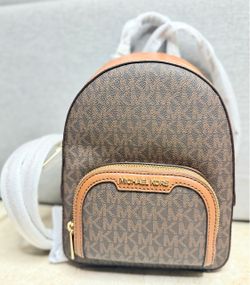 Michael Kors XS Brown Monogram Zip Mini Backpack Front Zip Pocket Gold