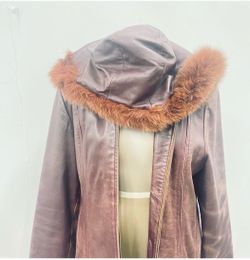 Redish  Leather Jacket with Fur-Trimmed Hood