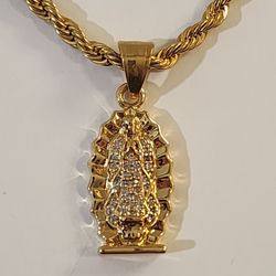 New Virgin Mary Gold Plated Steel Pendant 6mm 23" Chain Necklace Virgen de Guadalupe Neuvo