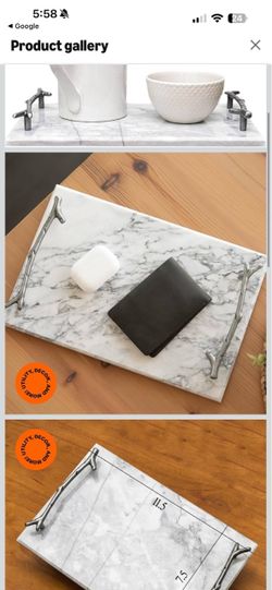 12" x 8" Marble Tray for Food, Snacks, and Events Decorative Tray | Breakfast Dinner Ottoman Tray Coffee Table Decor Serving Trays with Silver Handles