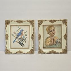 SET (2) VINTAGE FRAMED PRINTS ~Featuring a Bluebird perched on a branch, signed by the artist P.H. Gomner and A PRINT of Florence Kroger Art Framed Pr