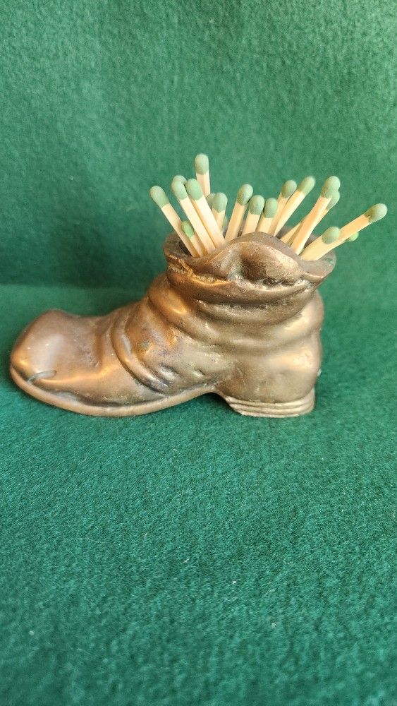 Solid Brass Mini Boot Match Tooth Pick Holder Antique Fireplace Accent