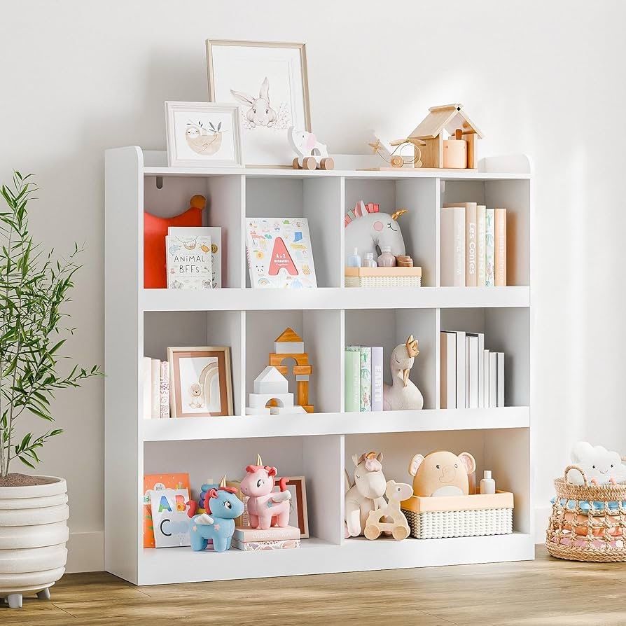 Bookshelf, 3-Tier Open Bookshelf, 10 Cube Horizontal Bookcase, Storage Organizer with Anti-Tilt Device, Floor Standing Wood Bookcase for Ho