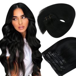 Sunny Black Clip in 12" Hair Extensions Real Human Hair Jet Black #1
