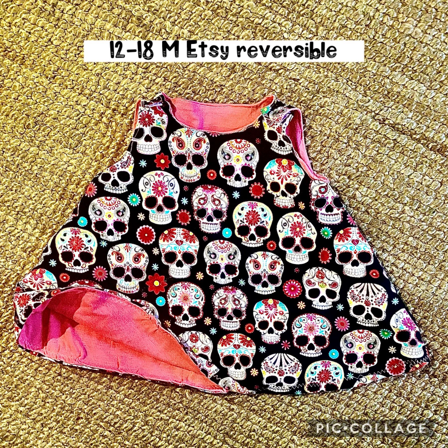 12-18 M Etsy reversible dress soft cotton net, and cotton candy skulls, Velcro Shoulders