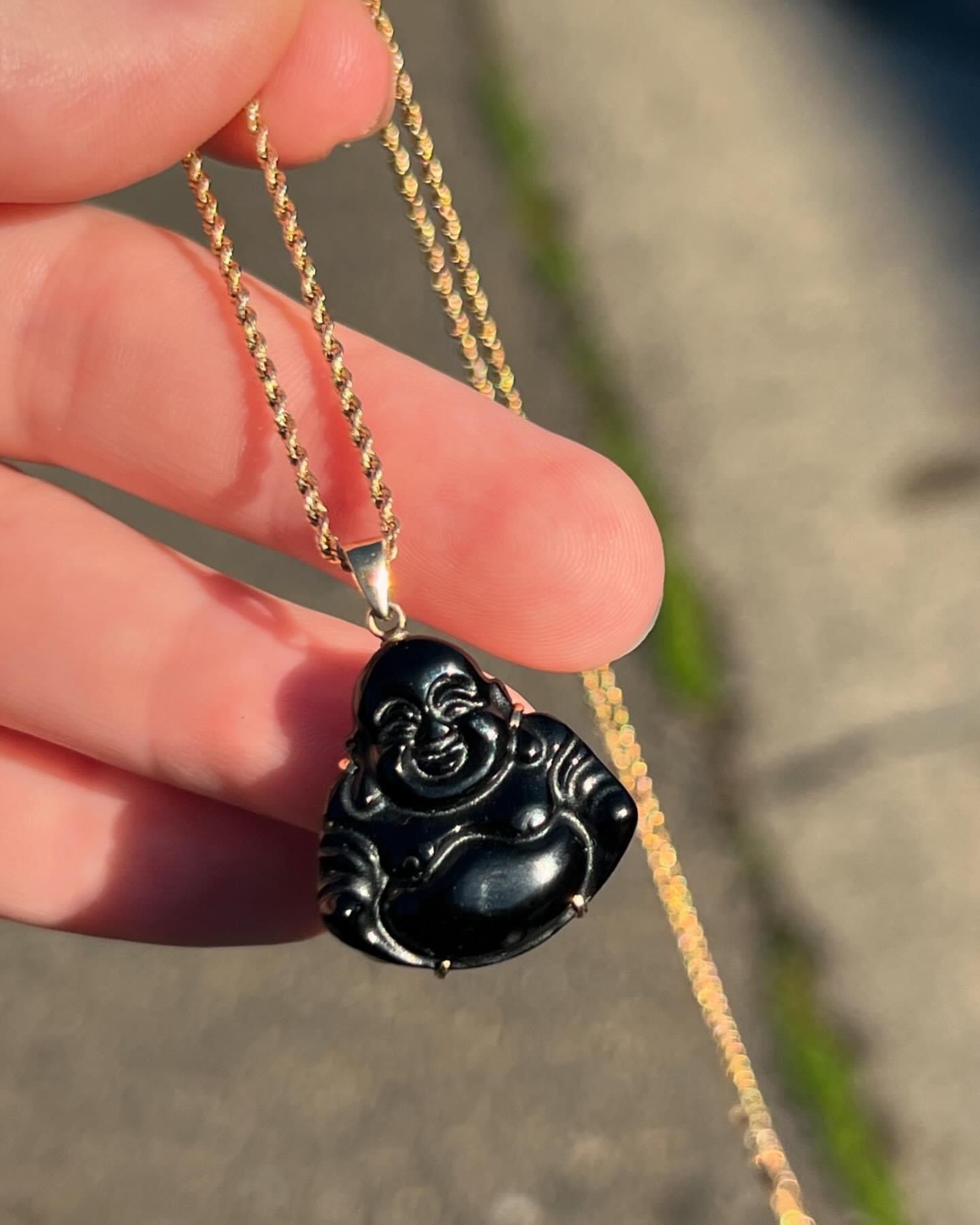 Solid 14k Gold & Black Jade Buddha Pendant & 10k Gold Rope Chain