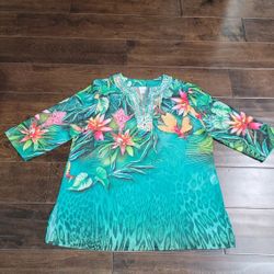 Chicos (Size 3 XL 16/18) Embellished Animal Print Tunic Top Blouse Semi-Shee Excellent Condition PRICE Is Firm Cash Only