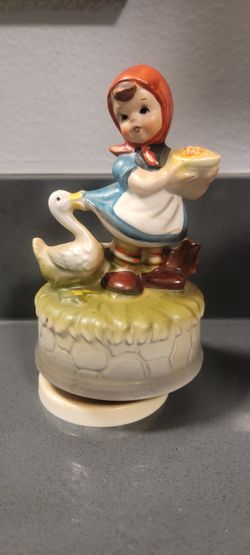 Vintage 1970s Hummel Style Girl with Duck Music Box Plays "Love Story"