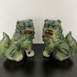 Majolica Asian Mid-century Porcelain Guardian Foo  Dogs 8. And 1/4 Inches