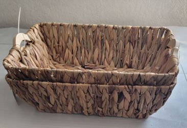 Set of 2 Woven Water Hyacinth Storage Baskets with Wooden Handles