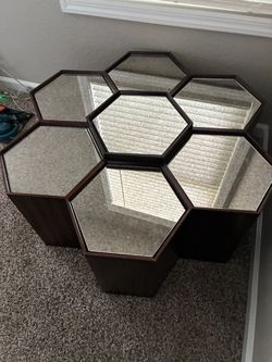 Vintage hexagonal walnut coffee table with mirrored top