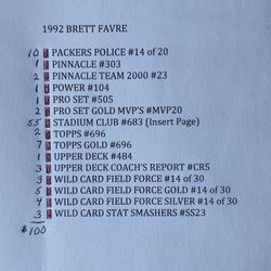 Green Bay Packers Brett Favre 1992 Card Set See List Of All Names Along Numbers With Prices. 