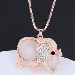 ELEPHANT RHINESTONE AND OPAL EMBELLISHED GOLD ROSE TONE LONG CHAIN PENDENT NECKLACE
