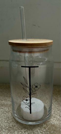 Glass Jar with Bamboo Lid and Straw With Initial T