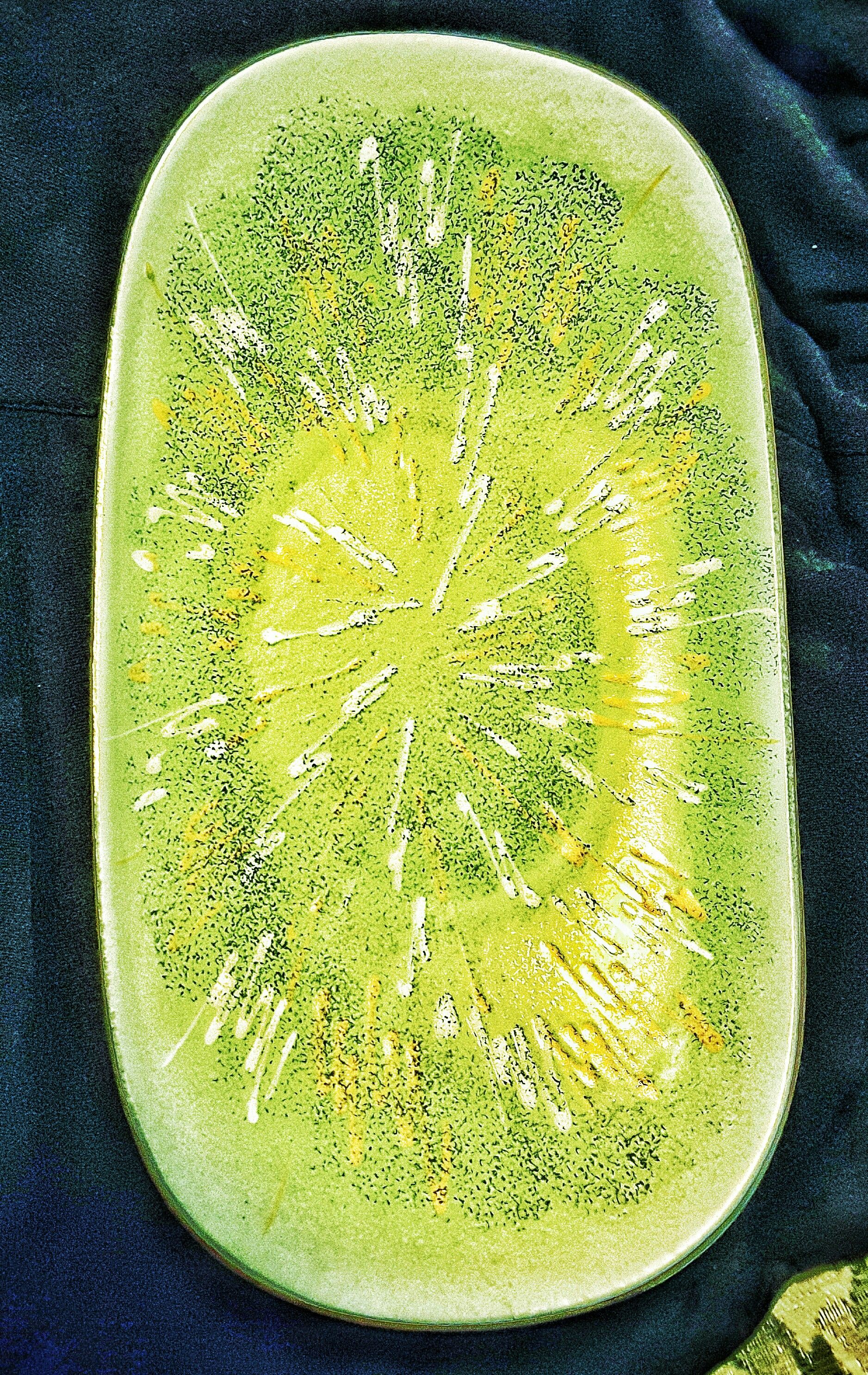 Large oval chartreuse west western Germany mid century art pottery 10-11" bowl