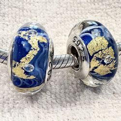 2 Charms For Pandora Blue Sky Sun Light Murano 925 Sterling Silver Cores